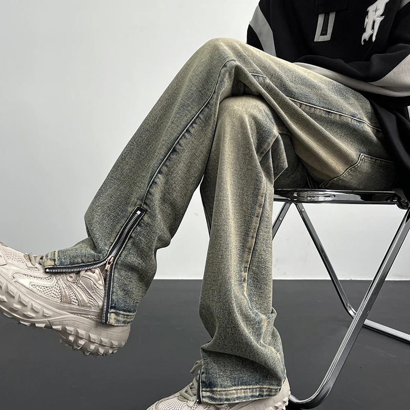 

Мужские джинсы Waed Mud Color, прямые брюки в стиле High Street, рабочие брюки с молнией и разрезами, повседневные брюки для молодежи, весна-осень