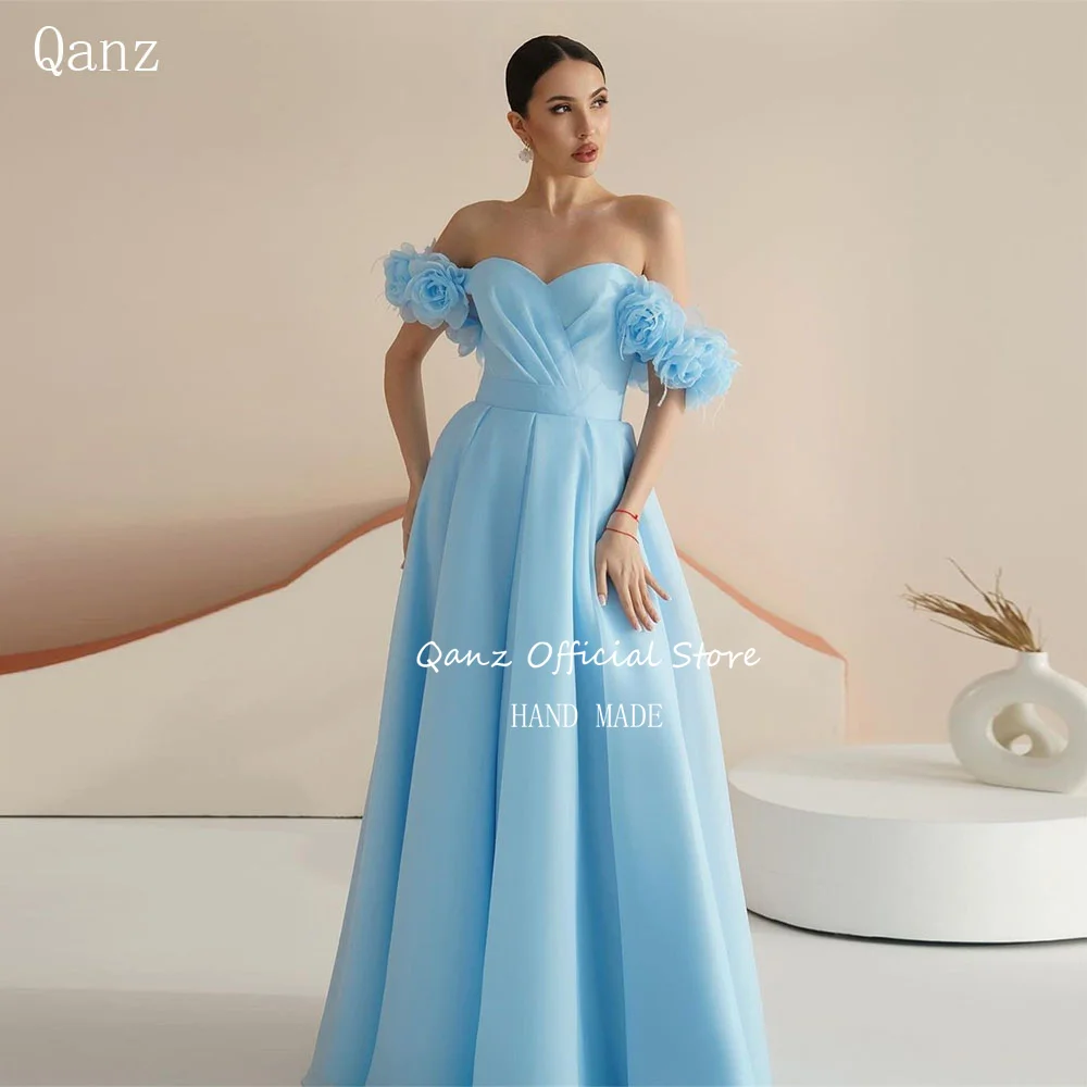 

Qanz Elegant Sky Blue Prom Dresses Off the Shoulder Flowels Long A Line Evening Dresses Corset Back Robes De Soirée Party Gown