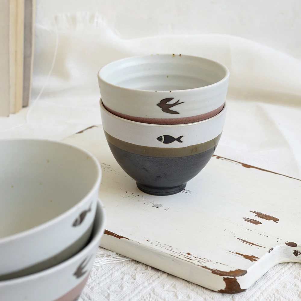 Fish Bird Pattern Color Block Ceramic Bowl Bamboo Hat Shape Rice Bowl Simple Style Salad Bowl Soup Dish for Home Tableware