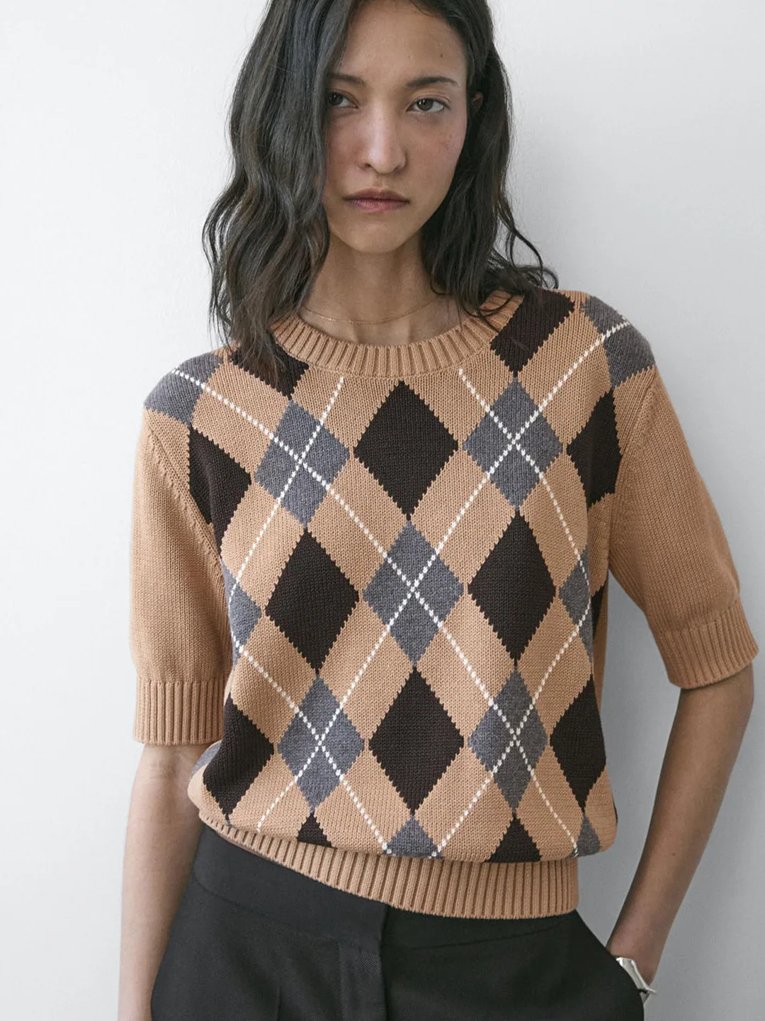 

MD Women's round Ne Knitted Sweater Spring Summer New Retro Briti Commuter Sle ort Sve Diamond Patterned Top