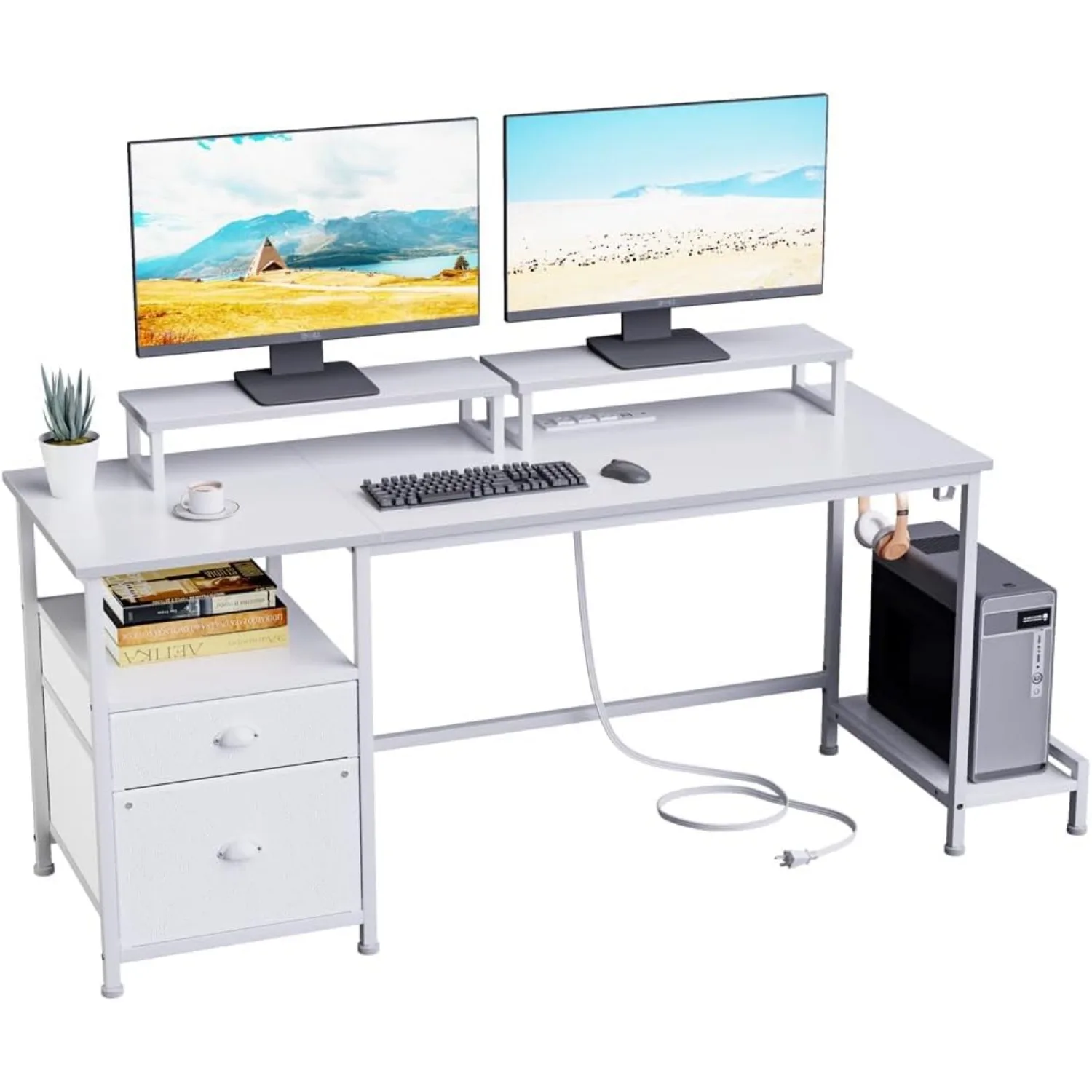 

White Computer Desk with Drawer and Power Outlets, 55" Large Gaming Desk with Fabric File Cabinet and 2 Movable Monitor Shelves