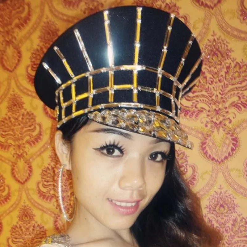 Kostium Ds Bling Baby Błyszcząca Czapka Diamentowa Cyrkonia Czarno-Białe Czapki Wojskowe Roupa Feminina Stroje Taneczne Strój Rave