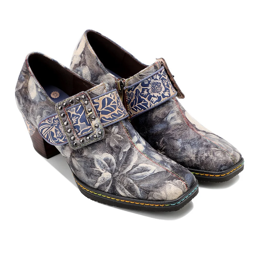

Women's high-heeled shoes spring and autumn new spot Chinese retro style ink painting printing thick-heeled shoes