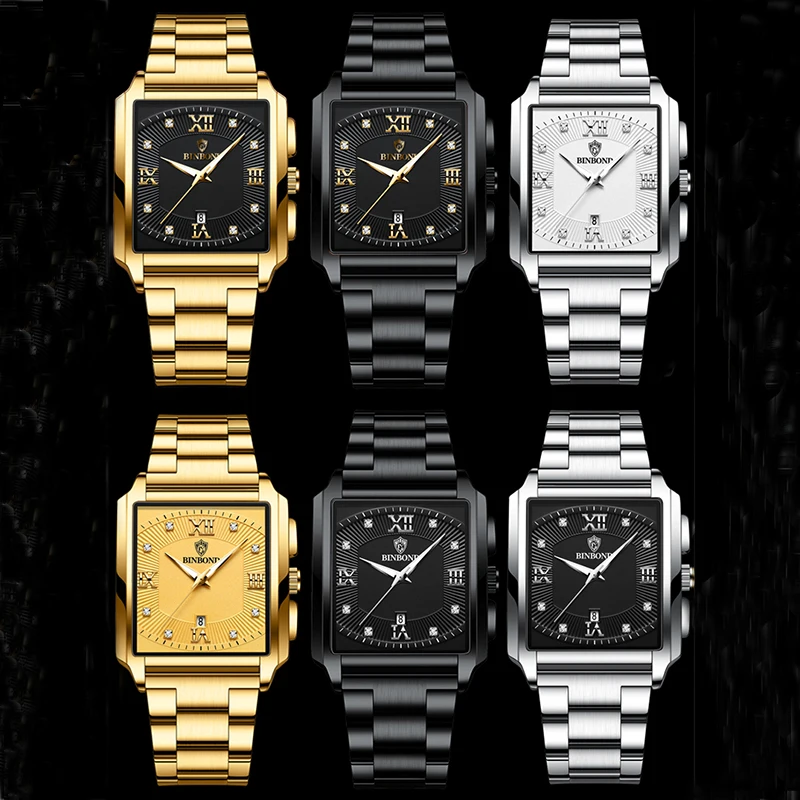 BINBOND B4143 Top Luxury Golden Men Watches Square Quartz Stainless Steel Waterproof Sports Automatic Date Business Men Watches