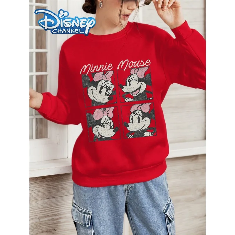 

Осень/зима 2029, женская повседневная толстовка Disney Red Minnie Mouse с мультяшным принтом, модная толстовка с круглым вырезом