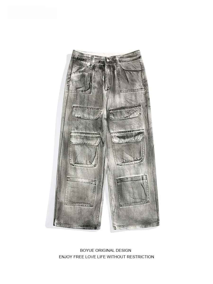 

Boyue Street Style Dirty Washed Multi-Pocket Men's Jeans Workwear Wide Leg Long Pants Casual Straight Cut Loose Fit Jeans