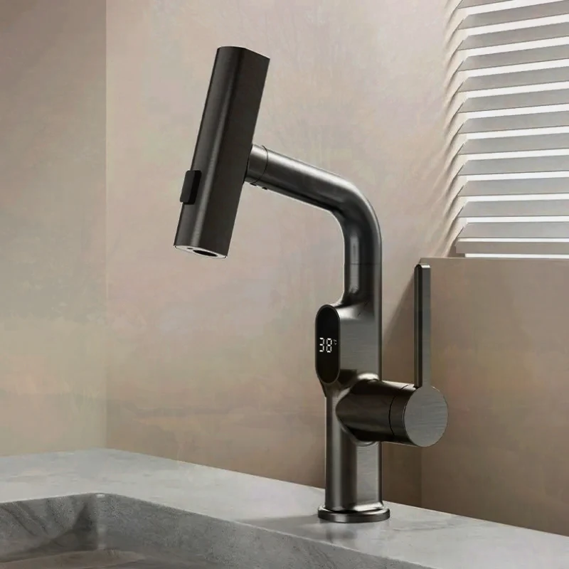 Imagem -03 - Temperatura de Exibição Digital Pull Out Basin Faucet Levante para Baixo o Pulverizador da Cachoeira Misturador para Pia de Água Quente e Fria