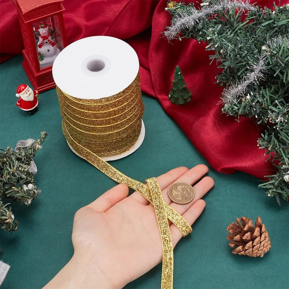 1Roll 50 Yards Metallic Glitter Ribbon Christmas Golden Sparkle Ribbon Decorative Craft Ribbon Single Face Wide Ribbon for Gift