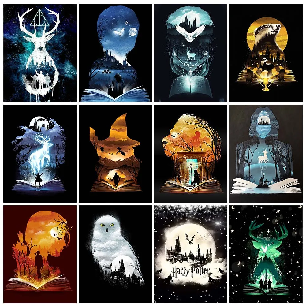 Kit de pintura de diamante cuadrado de Harry Potter hecho a mano, Cruz de mago bordada, ciervo, águila, León, decoración de mosaico de diamantes