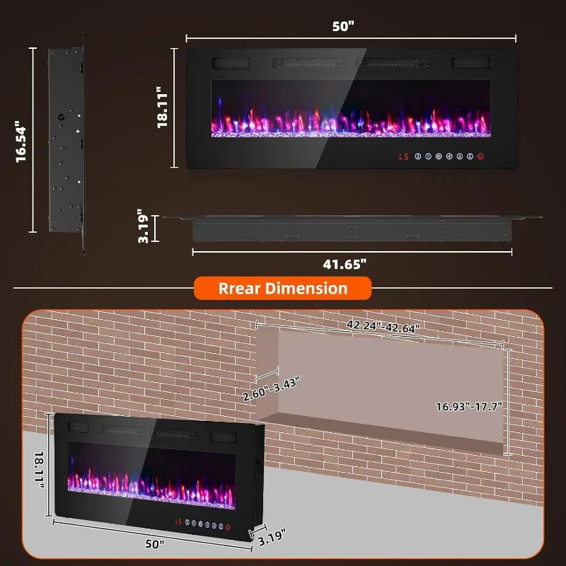 مدفأة كهربائية 50 بوصة - مدفأة حائط لغرفة المعيشة - مدفأة قائمة بذاتها / إدخالات / مثبتة على الحائط مع جهاز تحكم عن بعد