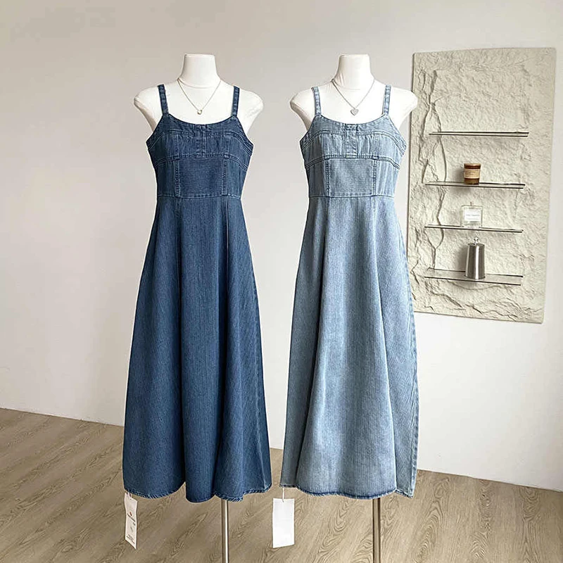 

Retro Design Denim Slip Dress Women Summer Elegant Sleeveless Mid Length Dresses Fashion Lady Spaghetti Strap Dress