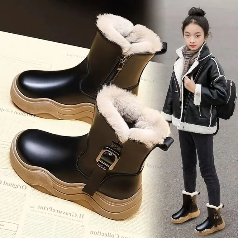 

2025 New Kids Faux Fur Boots for Girls Winter Kids Plush Lining Ankle Boots Non-slip Breathable School Shoes for Girls Boots