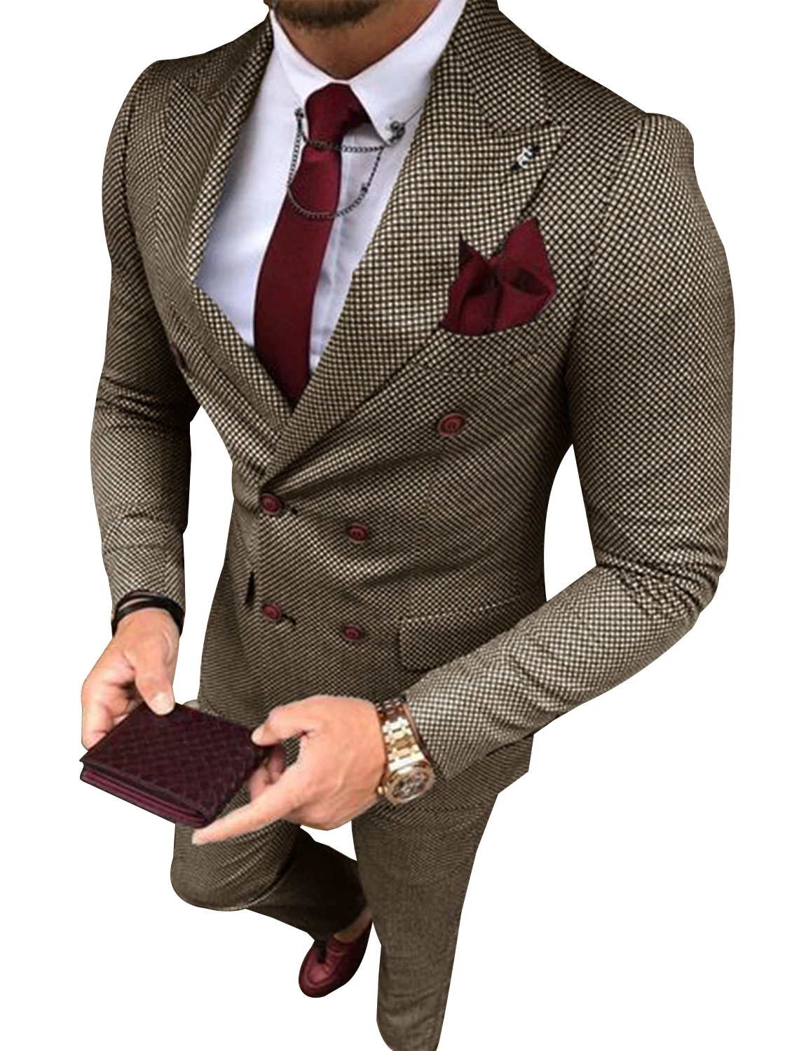 Men\'s Tweed Suit Plaid Double Breasted Jacket and Pants Groom Business Tuxedos men suits wedding prom suits