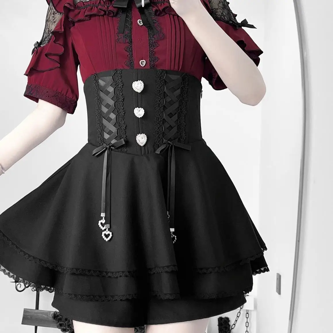 النمط الياباني الألغام الإنتاج الضخم الأسود عالية الخصر تنورة قصيرة صيف جديد الحلو Y2K تنورة صغيرة لوليتا قميص قصير الأكمام