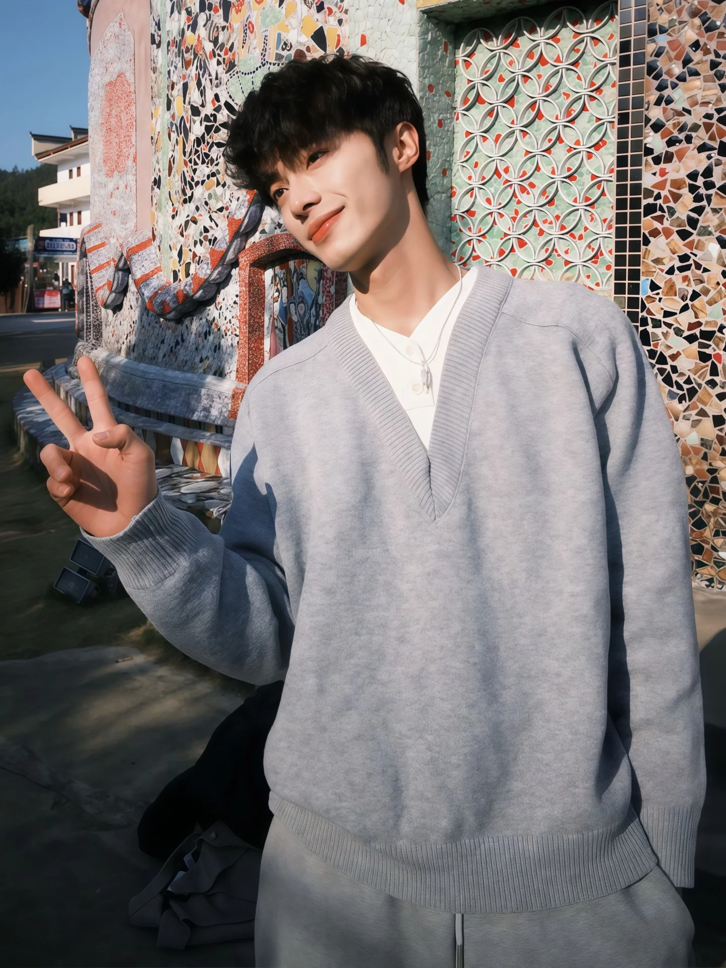 

Light ey V-Ne Knitwear Men's Base Layer irt Winter Leisure Sle irt Fake Two-Piece Loose Fit Long Sve