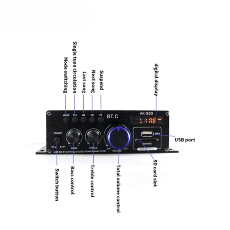 AK35 380 800W Home Digital Amplifiers Audio 110-240V Bass Audio Power Bluetooth Amplifier Hifi FM Auto Music Subwoofer Speakers