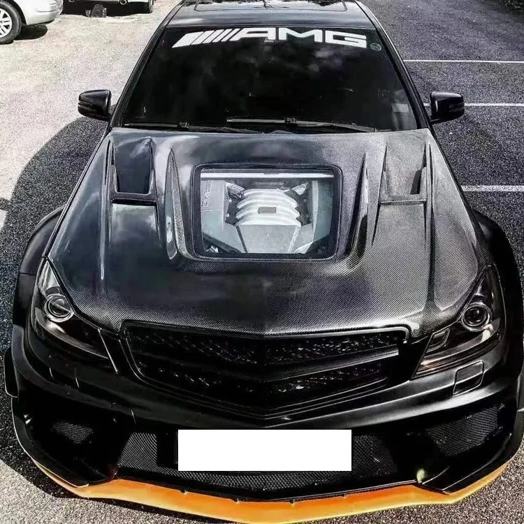 

New Design Transparent Style With Glass Engine Hoods Carbon Fiber Hood Bonnet For Real Mercedes BENZ W204 C63 2007-2014