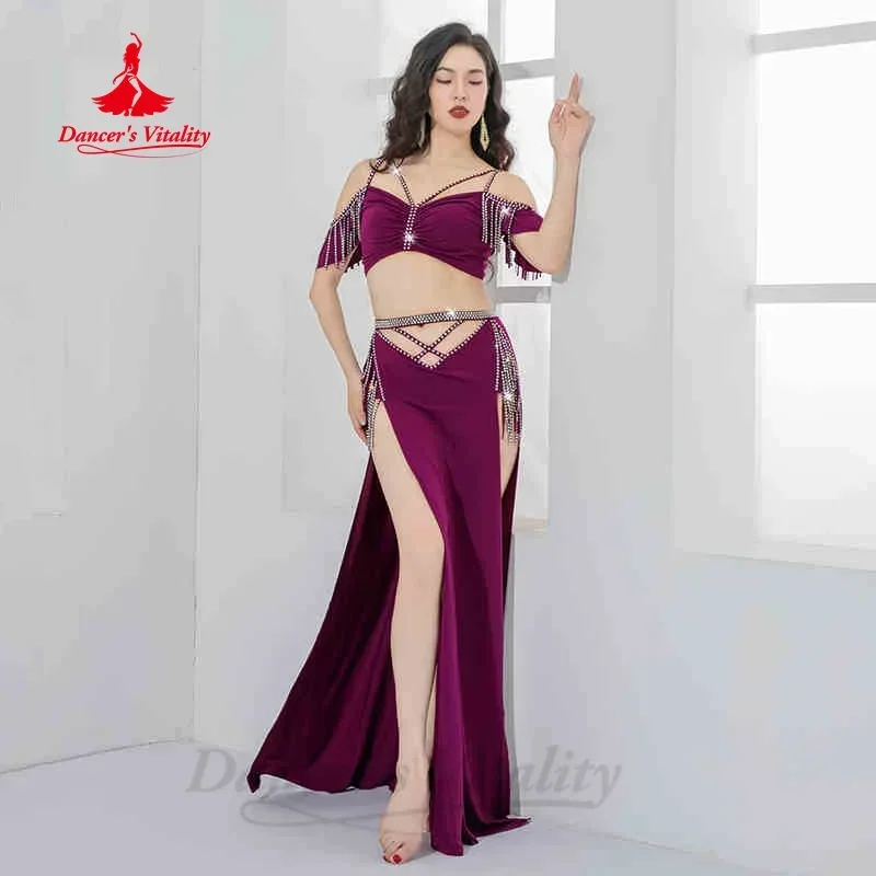 

Belly Dance Practice Clothes Women's Light Luxury AB Stones Tassel Crystal Cotton Set Adult Oriental Belly Dancing Wear Outfit