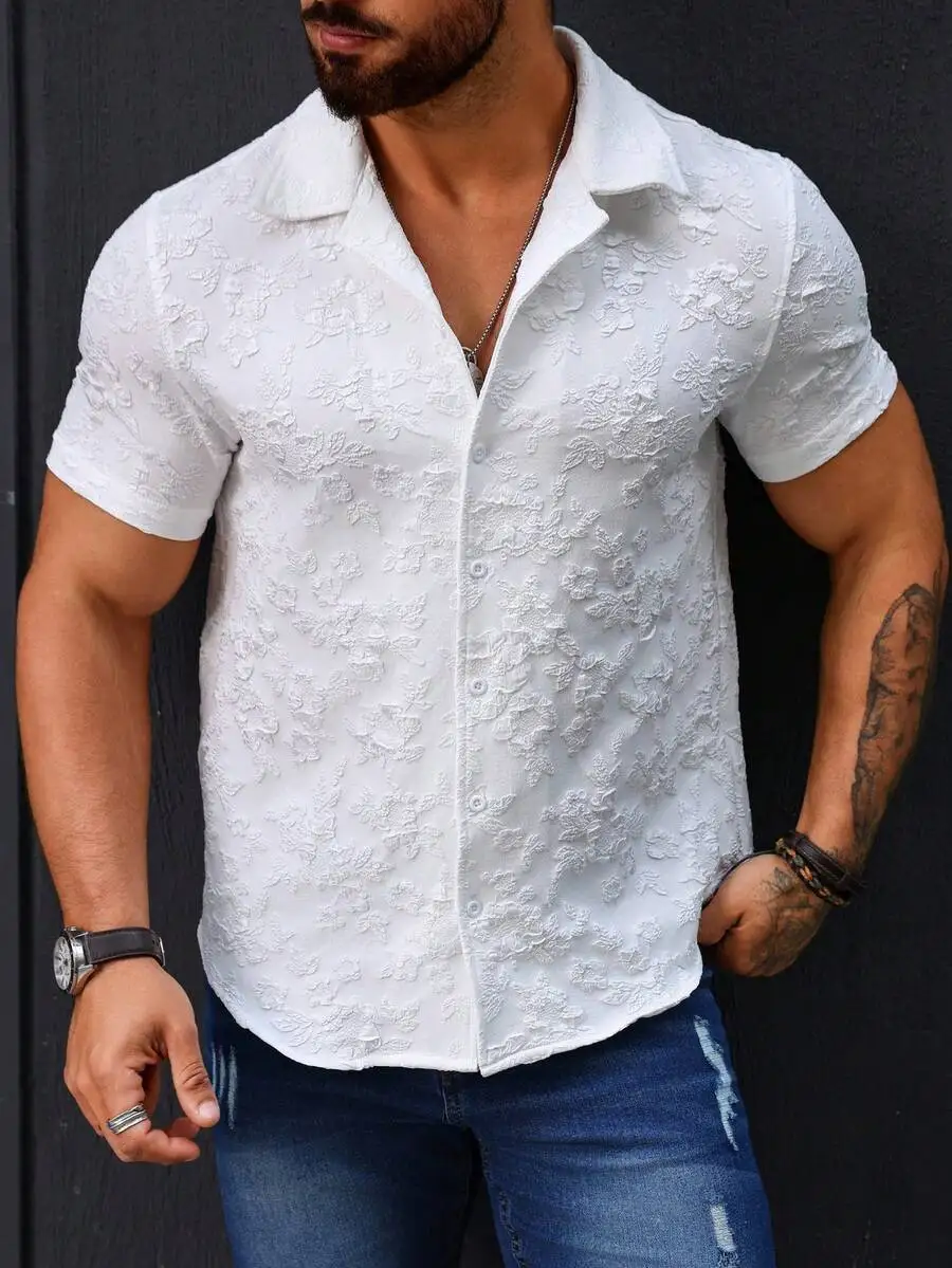 Manfinity Homme Men's Jacquard Single Breasted Short Sleeve Shirt , Slim Fit Button Up Plain All White Casual Husband