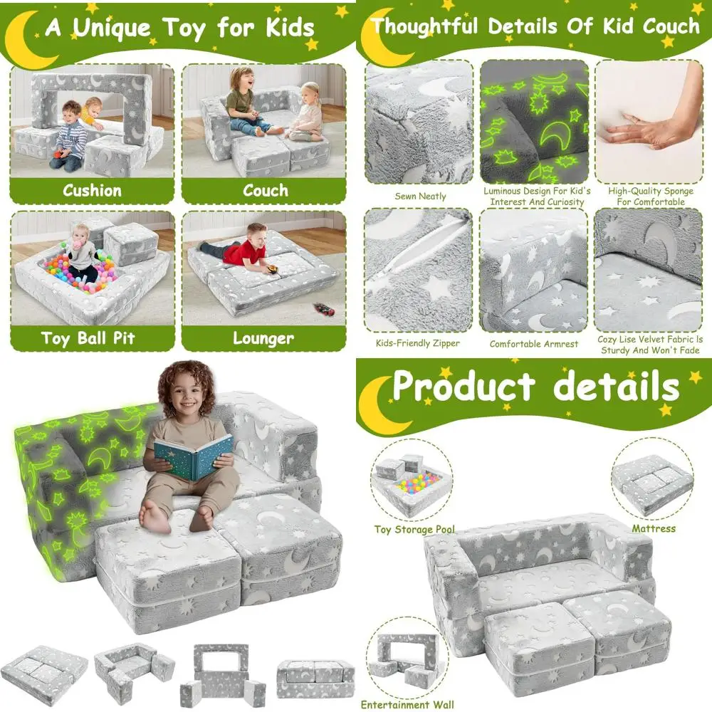 

4-Piece Toddler Sofa Set, Glow-in-Dark Playroom Furniture, Removable Cover, Dark Grey
