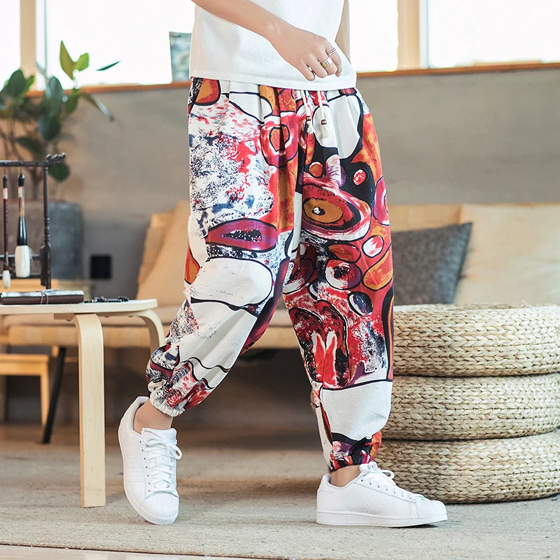 Men Bohemia Printed Trousers Japanese Harajuku Streetwear Casual Pants Chinese Style Cotton Linen Fashion Bloomers Nepal Bottoms