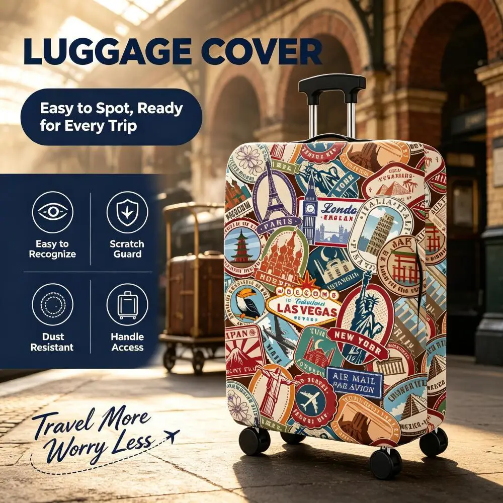 Vintage World City Stamp Luggage Cover Global Landmark Travel Print Stretch Suitcase Protector for Travelers