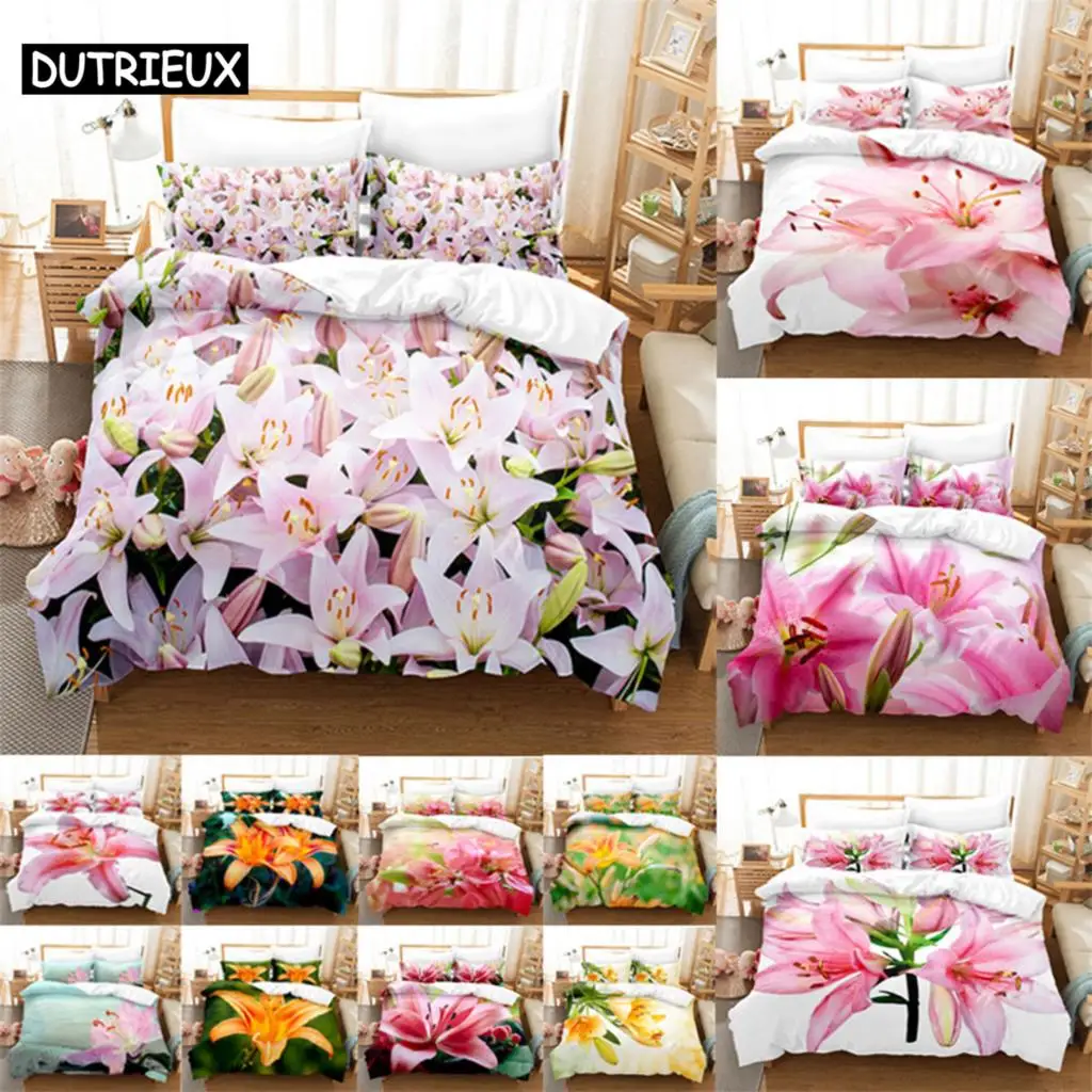 

Lily Duvet Cover Set Quilt Cover Pink Flower King Size Bedding Set 2PCS 3PCS with Pillowcase Full Twin for Single Double Bed New