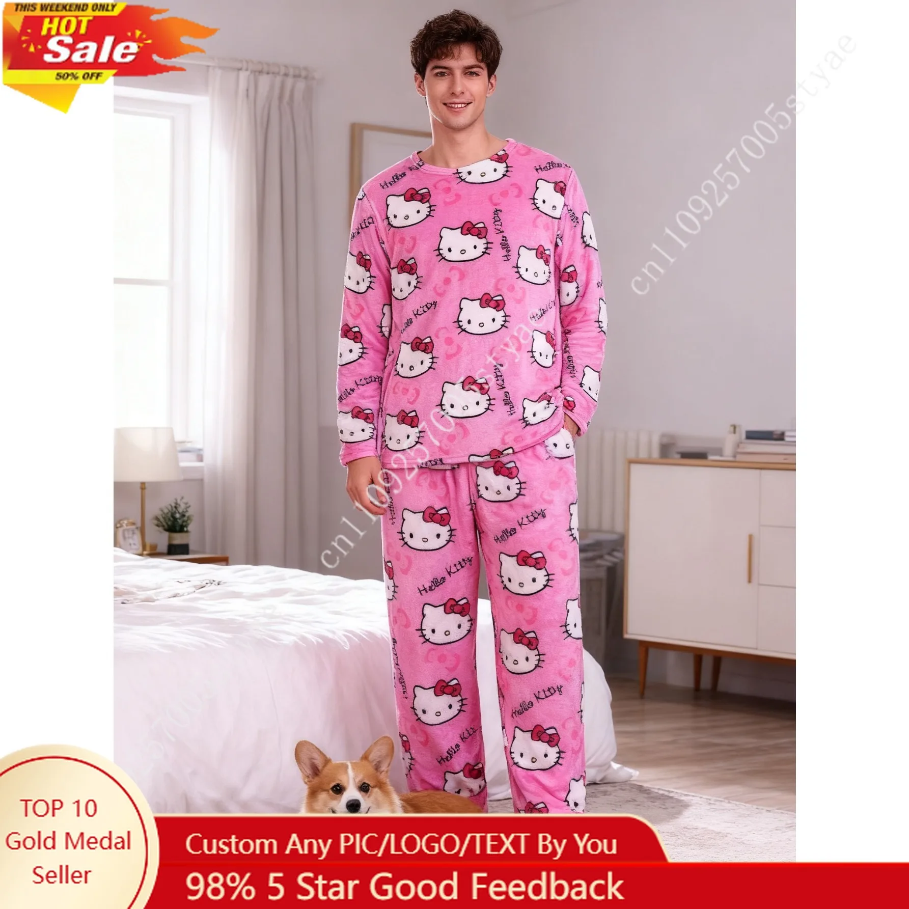 

Hello Kitty Men's Woman New Flannel 2pcs Set Thick Warm Home Pants Sanrio Casual Pj Set Cute Loose KT Printed Sleepwear Couple