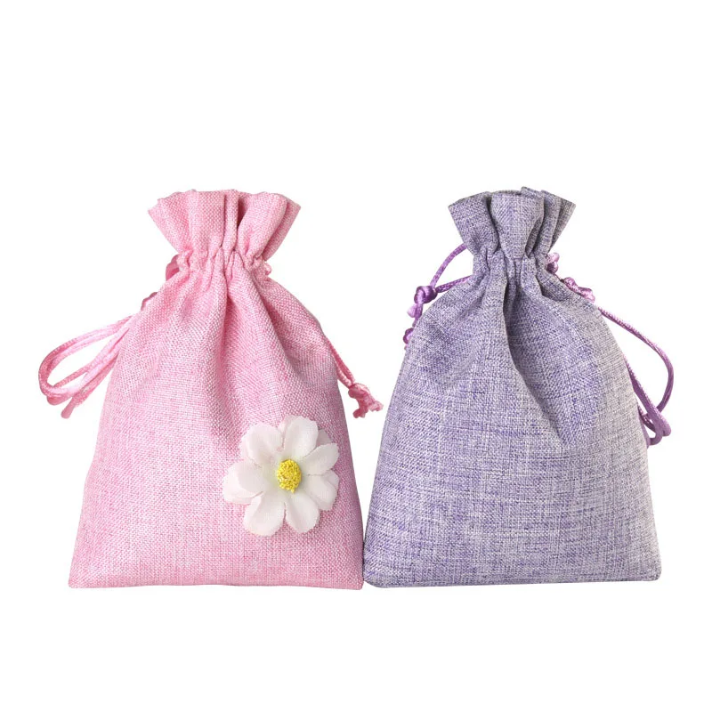 

20 PCS/Lot 10x14cm Pink Purple Cotton Linen Bags Flower Drawstring Pouches For Wedding Christmas Party Gift Packaging Sachet Bag