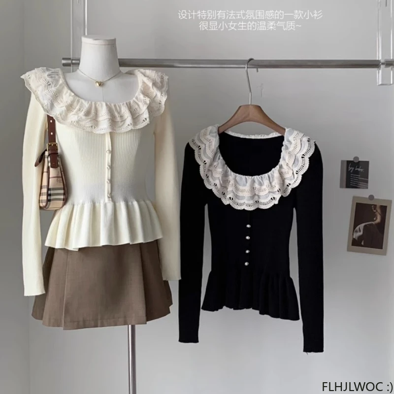 Hollow Out White Lace Tops Ruffles 2023 Woman O Neck Formal Design Black Cute Sweet Girls Knitted Jumper Pullovers Sweaters