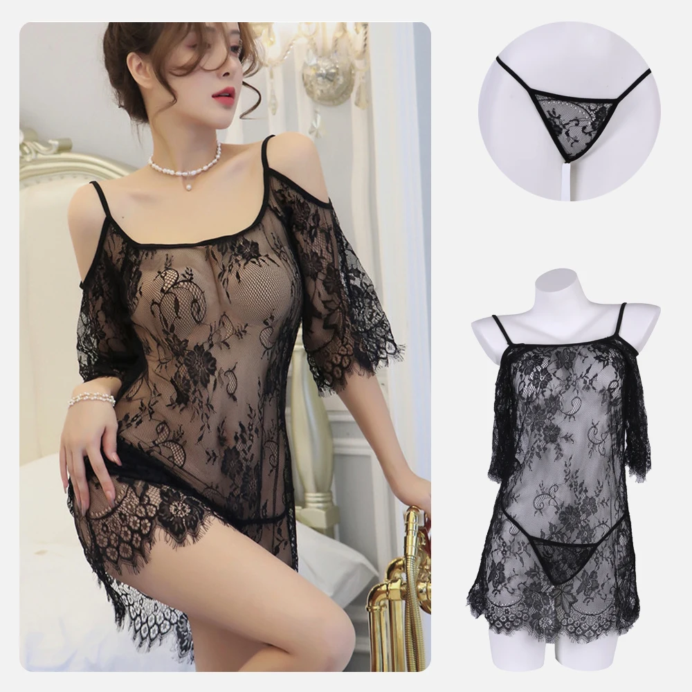 

Ladies Gowns Black Ropa Sexy Para El Sexo Nightgown Night Dress Lace Perspective Lingerie Porno Women Nightwear Exotic Sleepwear