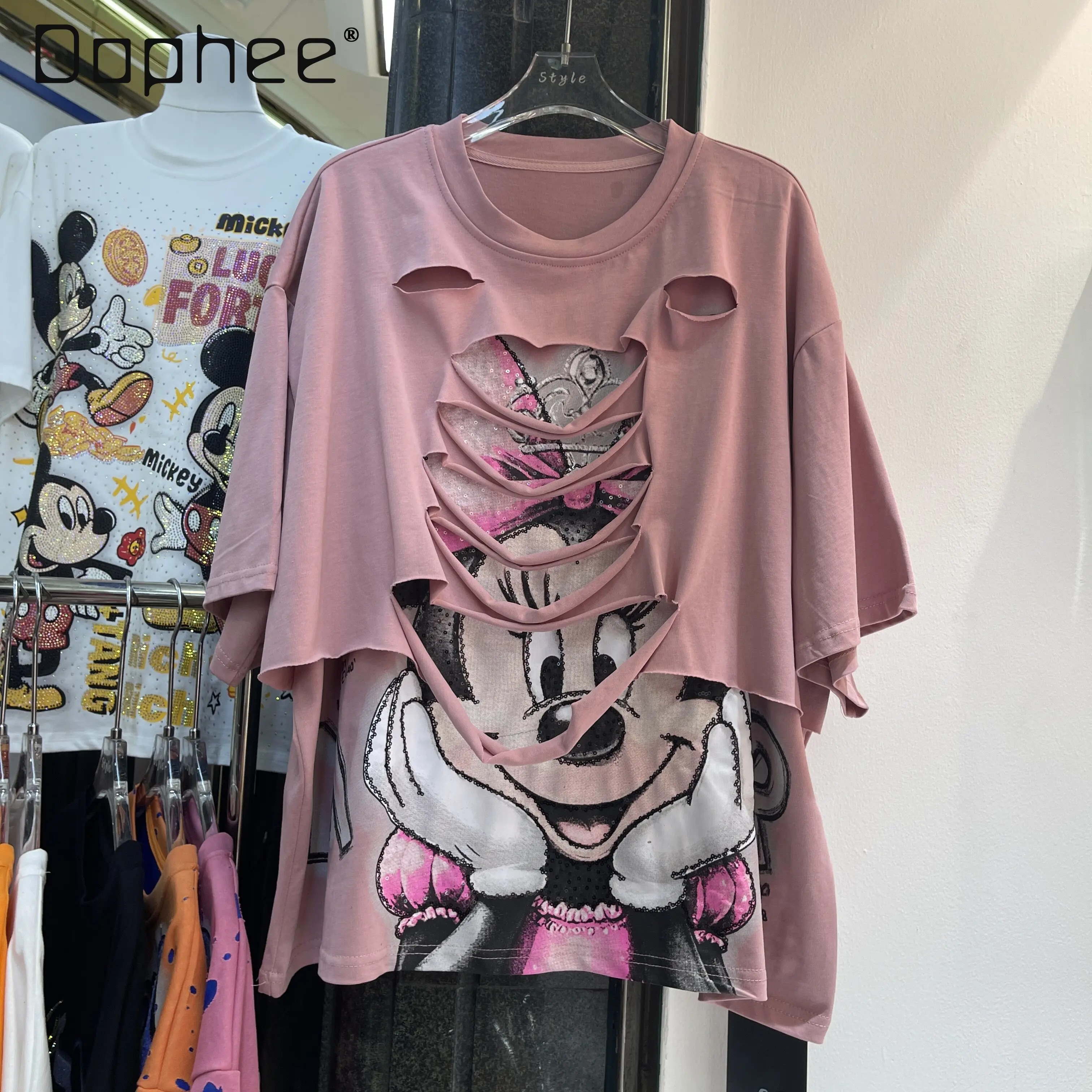 

Spring Summer Heavy-duty Distressed Fashionable Age-reducing Cartoon Print Loose-fit Short-sleeve T-shirt Top for Women