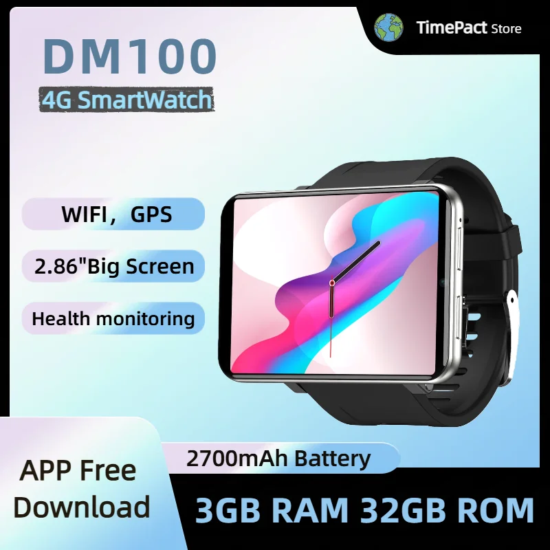 DM100 4G SIM-карта Android Смарт-часы с памятью 32 ГБ, большой аккумулятор 2700 мАч, большой экран 2,86 дюйма, 5-мегапиксельная камера, монитор сердечного ритма