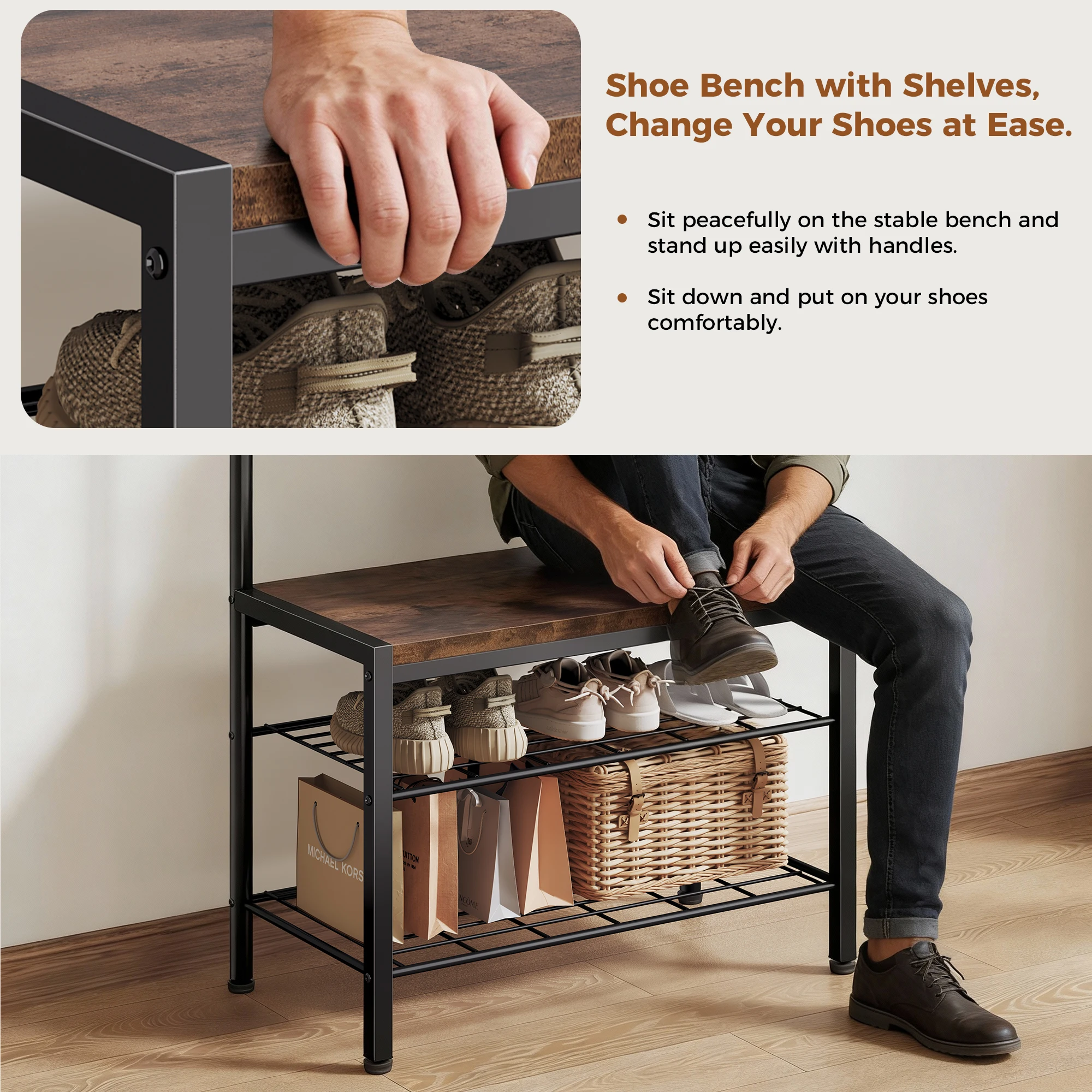 4-in-1 Coat Rack with Shoe Bench 6