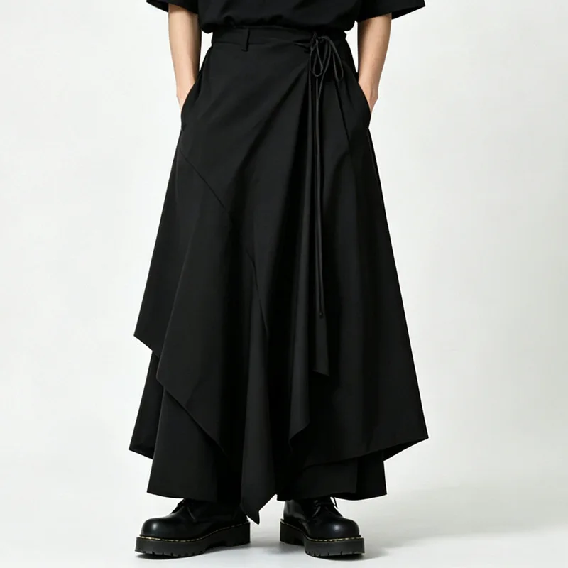 Men'S Casual Pants, Dark, Asymmetrical Wide-Leg Culottes, Loose Fit, High-Waisted, With Drawstring, Casual Pants A118