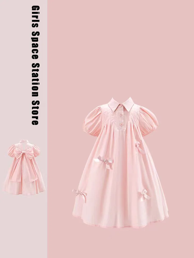 summer girl polo shirt collar princess dress birthday party solid color bow single breasted T-shirt dress children's clothing