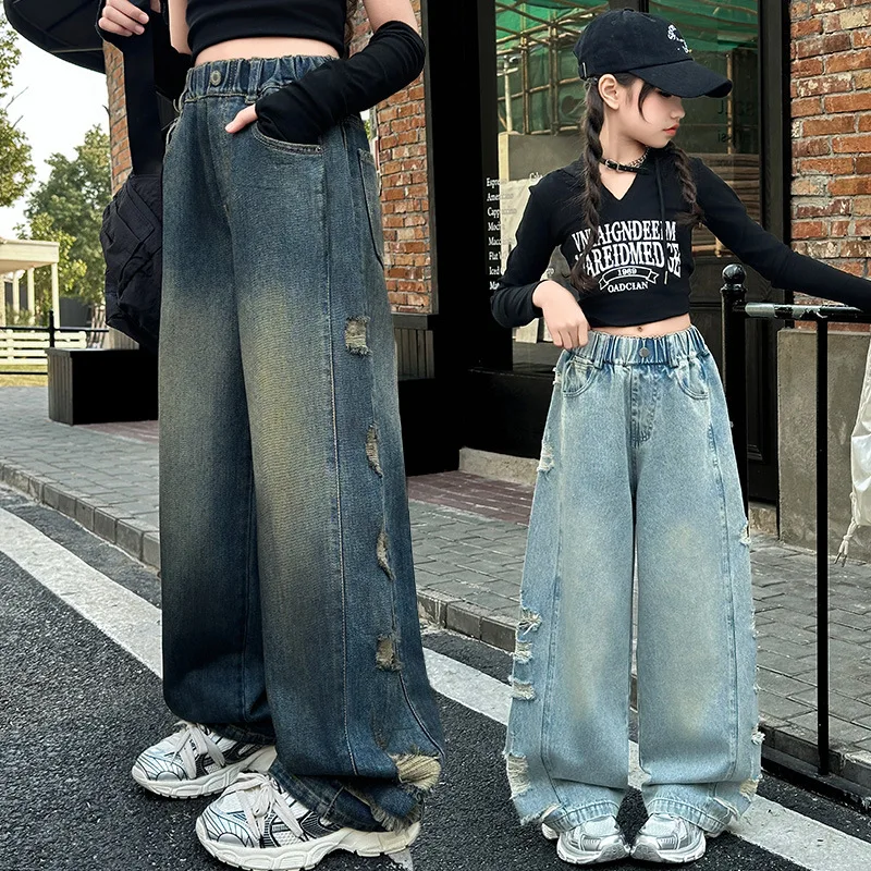 

New Street Stylish Kids Child Wide Leg Distressed Ripped Jeans with Side Holes for Girls Destroyed Denim Pants Trousers Age 5-14
