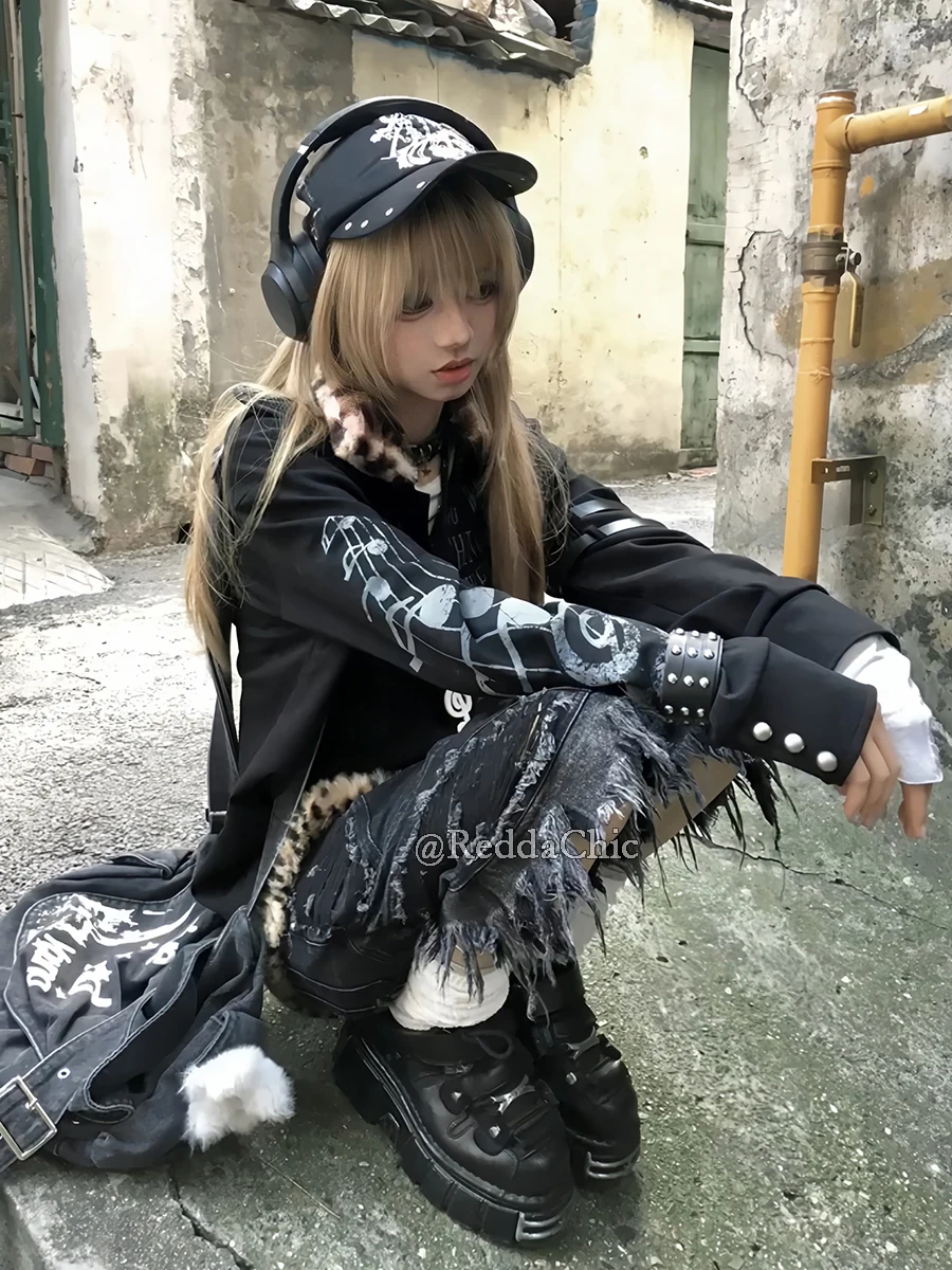 ReddaChic Stitch Raw Hem Cargo Jean Shorts Donna Denim nero Gamba larga Strappato Cerniera Bermuda Pantaloni Harajuku Punk scuro Streetwear