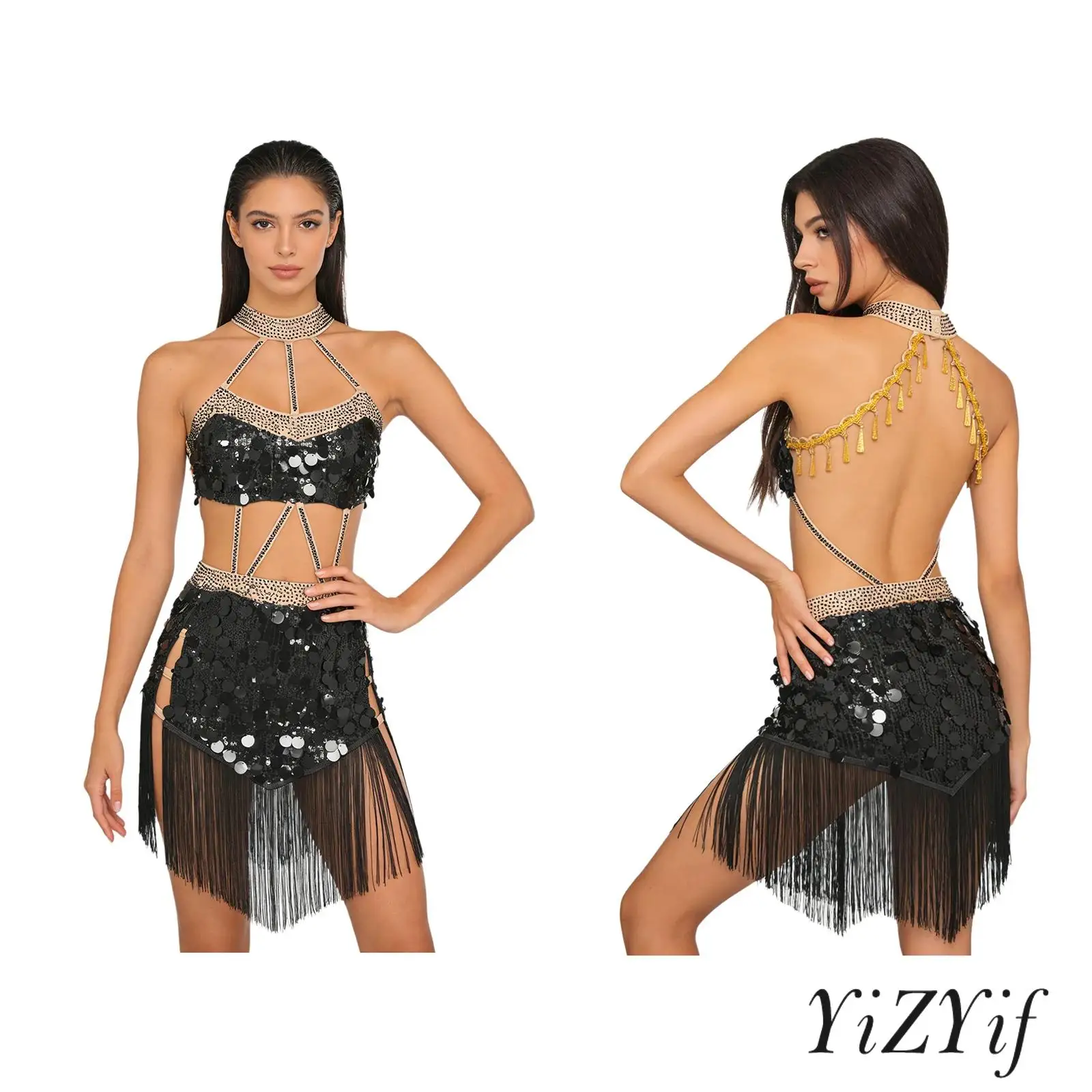 

Womens Latin Tango Belly Dance Dress Outfit Glittery Sequins Rhinestones Halter Tassel Hem Hollow Out Bodysuit Dress Salsa Dress