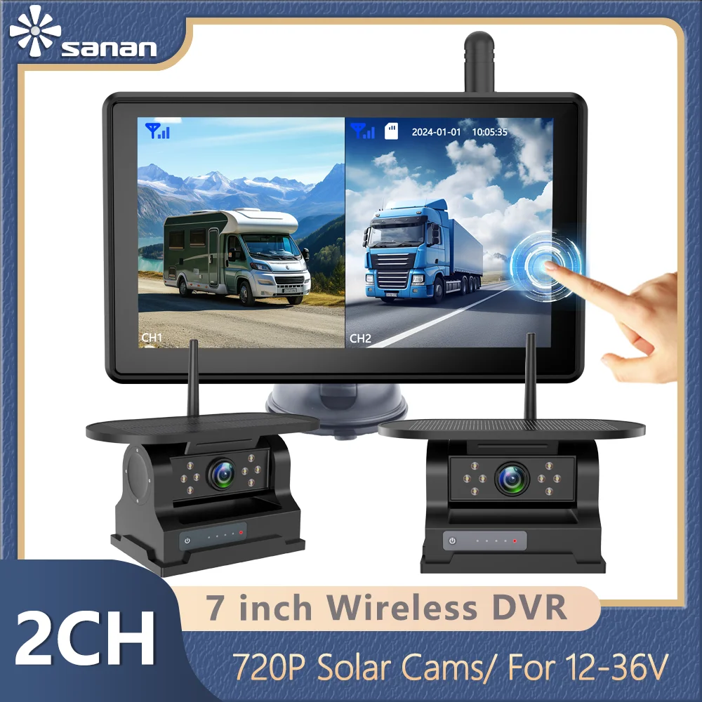 RV Digital Wireless Backup Camera System With 7 Inch Touch Monitor Truck Camper DVR Recorder 2CH Wireless Solar Magnet Cameras