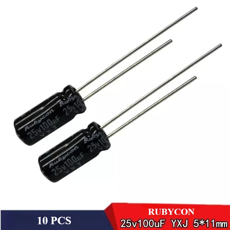 (10pcs) 100uf25v Aluminum Electrolytic Capacitor 25v100uF RUBYCON  YXJ  105°  5*11mm Through Hole Fixed Capacitor