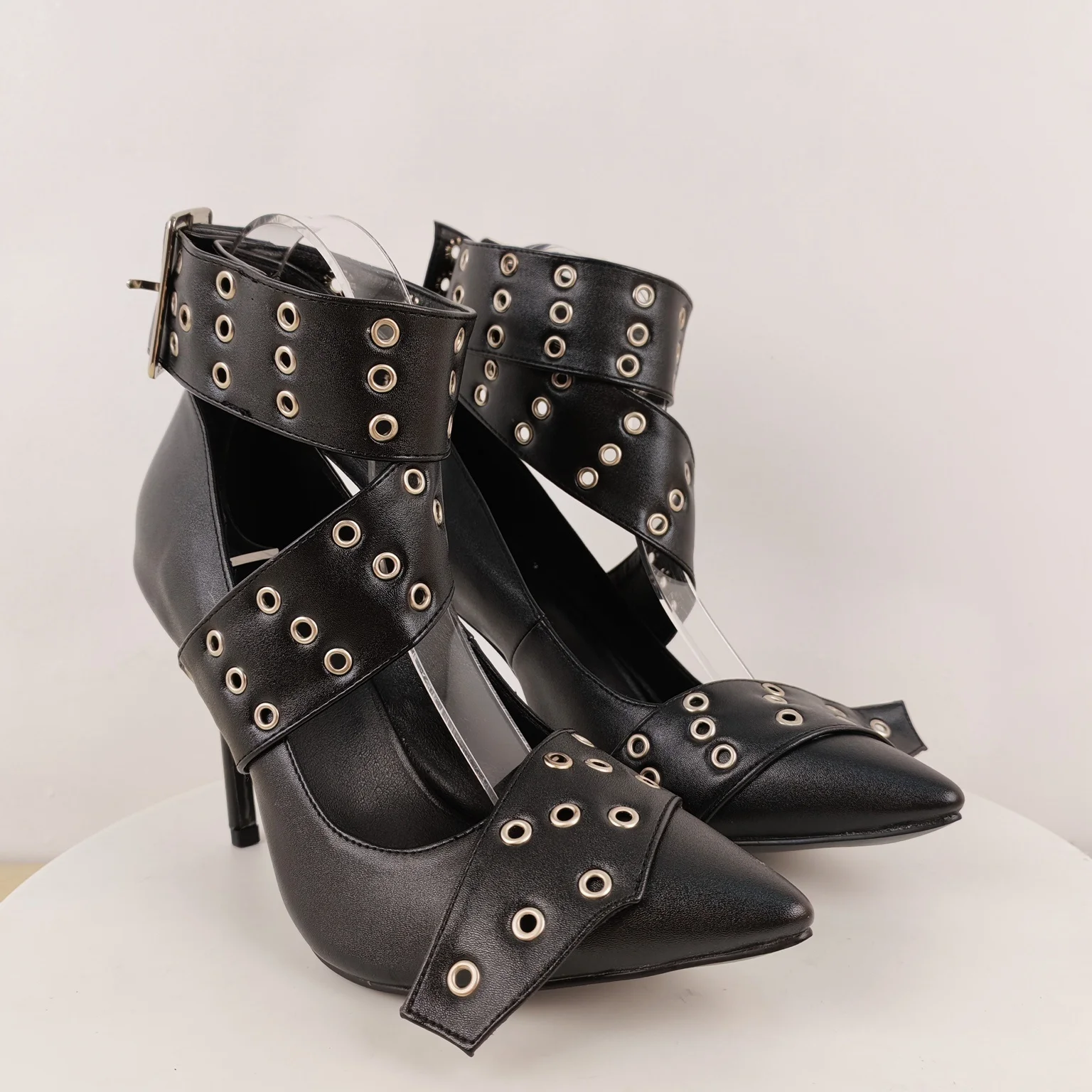 Women's Black Punk Grommet Stiletto Pumps Crisscross Ankle Strap with Eyelets for Edgy Gothic Alternative Fashion Statements