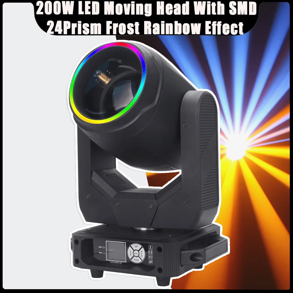 2025 LED 200W Beam Moving Head Light With SMD Pattern +24Prism+Frost+Rainbow Effect DMX512 DJ Disco Xmas Stage Lighting Effect