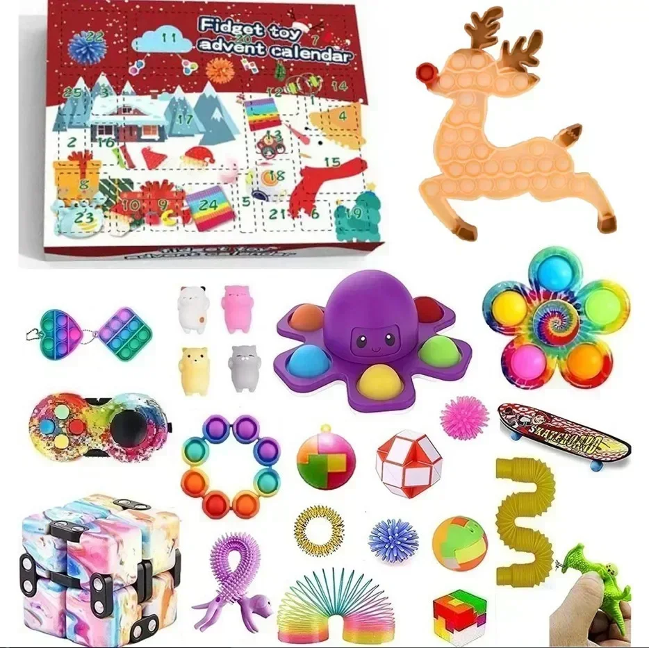 1 Set Christmas Advent Countdown Calendar Box 24 Days Fidget Toys Squeeze Christmas Tree Elk Kids Toys calendario de adviento