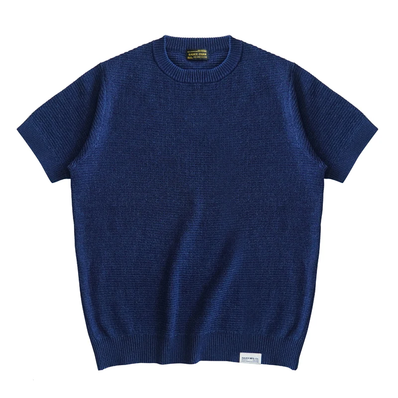 

Loose Knitted Summer T-irt ort Sve round Ne Blue Dye Woolen Knitwear American Retro Khaki Color T-irt for Youth