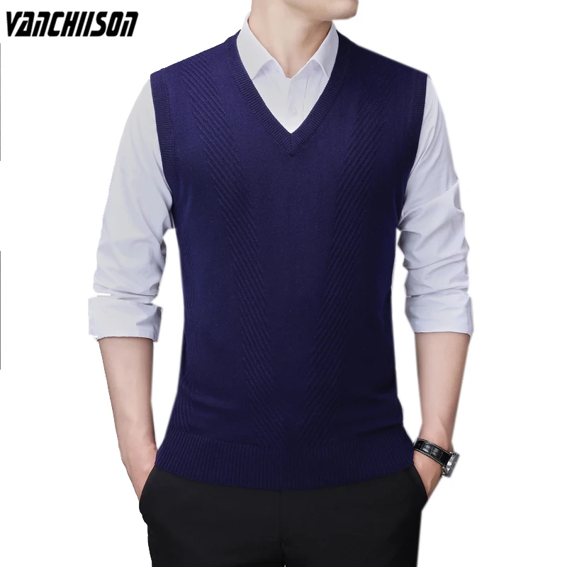 

Men 14% Wool Knit Tank Sleeveless Sweater Jumper Basic for Autumn Winter V Neck Solid Business Smart Casual 00305