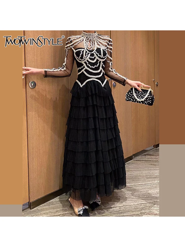 TWOTWINSTYLE Hit Color Patchwork Diamonds Evening Party Dress For Women O Neck Long Sleeve Spliced Ruffles Midi Dress Female New