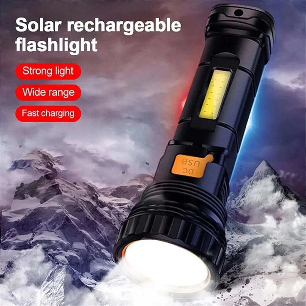 Led Solar Tactical Flashlight 1200mah High Power Flashlights USB/Solar Rechargeable Waterproof Outdoor Camping Emergency Light