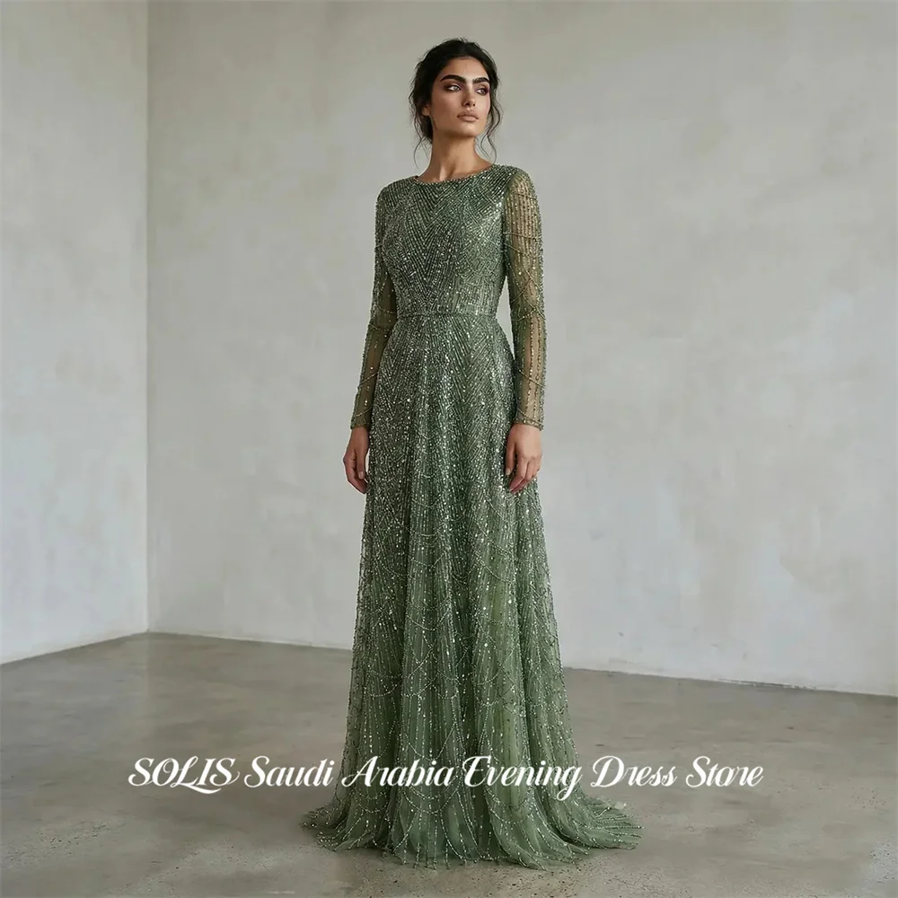 

Вечернее платье SOLIS Sage Green с круглым вырезом, блестками и пайетками, с открытыми плечами, длинными рукавами, на заказ