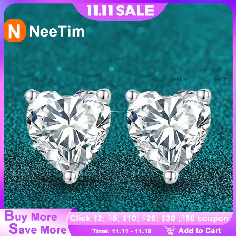 

NeeTim 1CT 2CT серьги-гвоздики с муассанитом в форме сердца для женщин, женские серьги из стерлингового серебра 925 пробы с лабораторным бриллиантом, свадебные украшения
